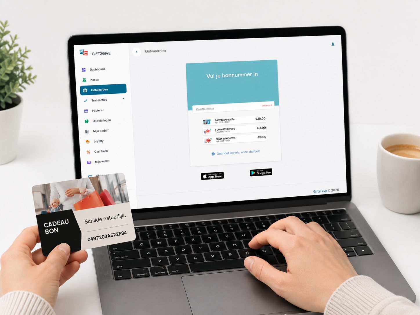 Een handelaar ontwaardt een Gift2Give-cadeaubon via het web-dashboard op een laptop