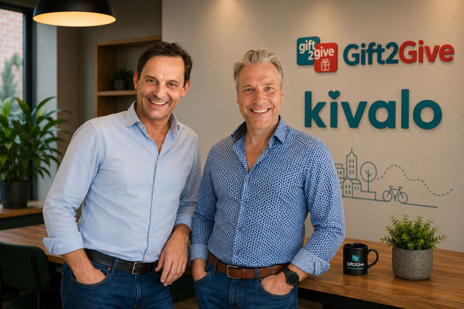 Stéphane Jacobs en Tom Schuyten van Gift2Give in het kantoor, met de logo's van Gift2Give en Kivalo op de achtergrond