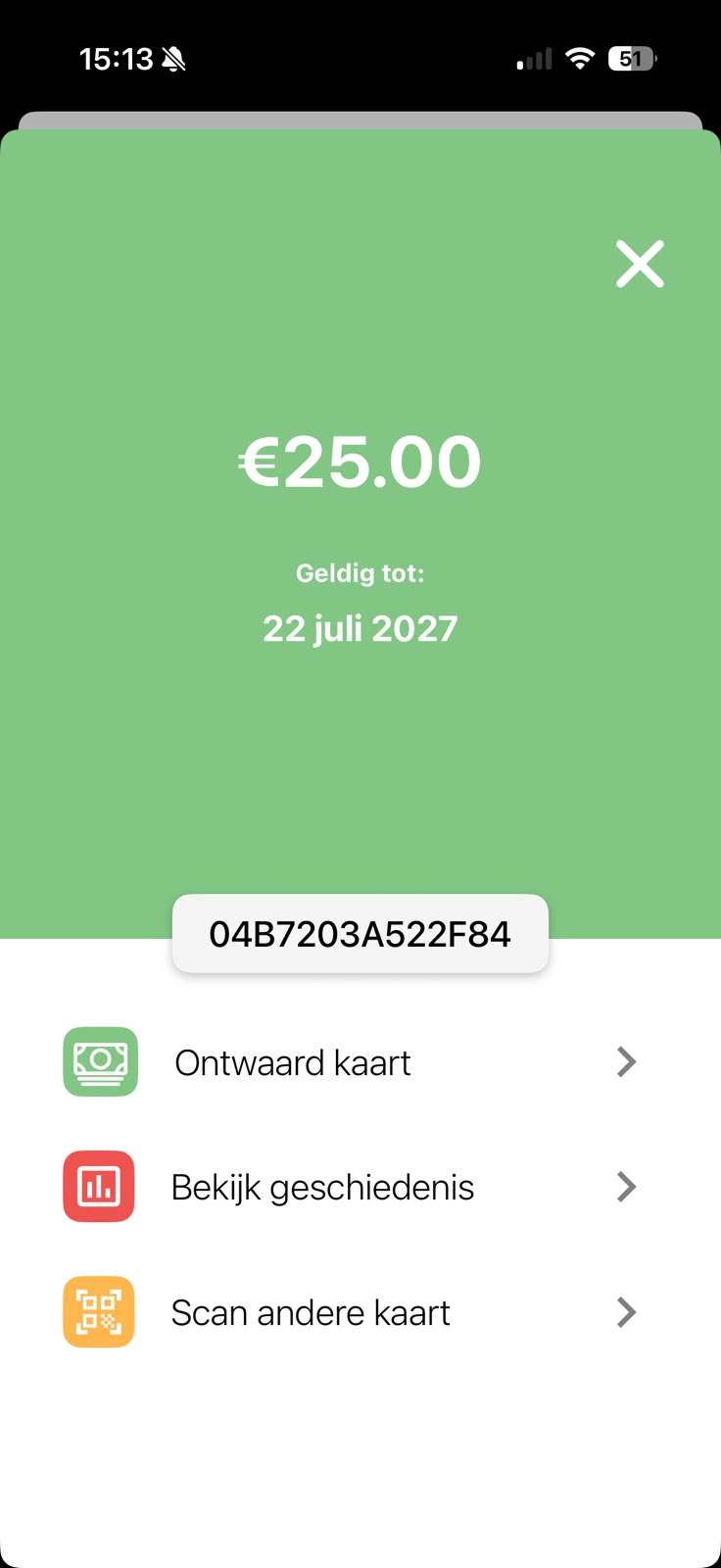 Gift2Give-app met saldo, geldigheid en transactiehistoriek van een lokale cadeaubon